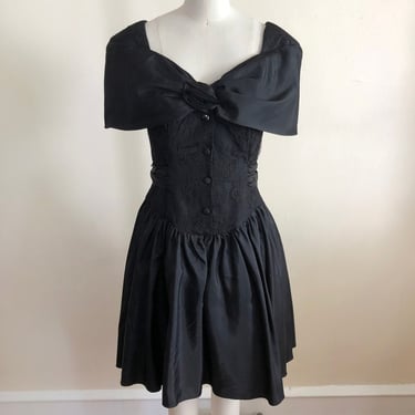 Black Taffeta and Lace Off-Shoulder Mini-Dress - 1980s 