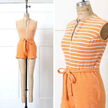 vintage 1970s 80s romper • orange sherbet & white striped terrycloth short-shorts playsuit 