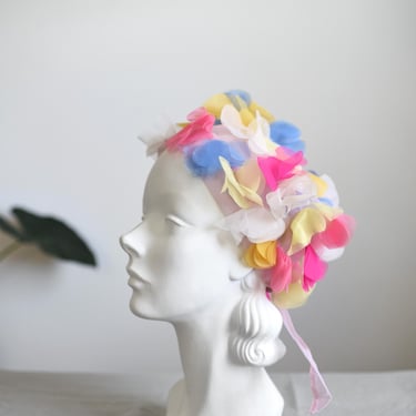 Pastel 1960s 3-D Flower Headscarf Hat 