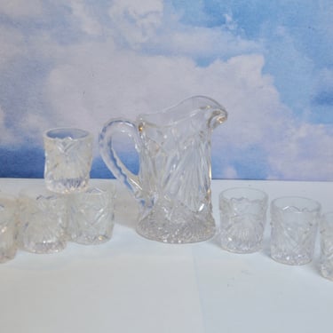 Antique EAPG Toy Pitcher & Glasses Set Rex Pattern Fancy Cut EAPG Co-Operative Flint Glass Co RARE Find Collectible Childs Toy Gift for Her 