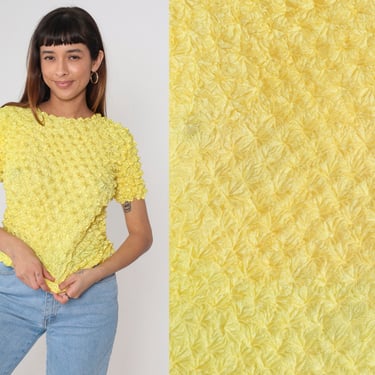 Yellow Popcorn Shirt Y2K Retro Textured Bright Blouse Short Sleeve Magic Bubble Top Summer Vintage 00s Small Medium xs 