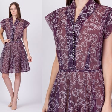 40s 50s Sheer Purple Abstract Print Shirtdress - Large | Vintage Organza Knee Length Fit & Flare Midi Dress 