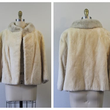 Vintage 1950s Ivory Sheared Beaver Silver Mink Fur Collar Crop evening clutch Coat // pinup girl // US 4 6 8 10 small medium 