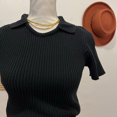 Vintage Moda Intl Black Ribbed Cotton Collared Short Sleeve Pullover Sweater Top 