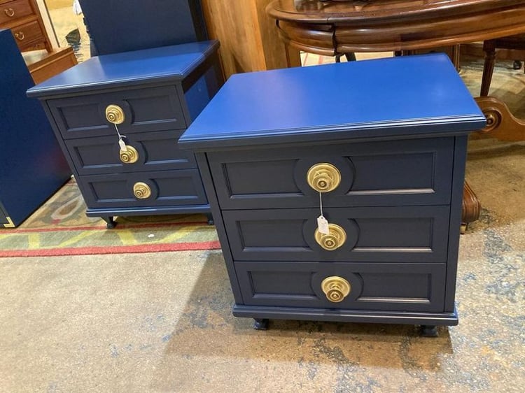Mid century tree drawer blue painted nightstands  22.5” x 17.25” x 24”