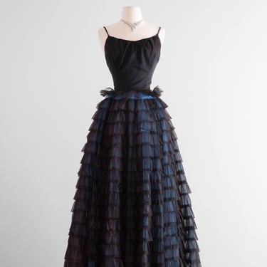 Spectacular 1950's Black Tiered Evening Gown In Black & Blue / XS