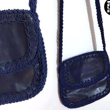 NWOT Vintage Navy Blue Italian Leather Bag with Crochet Trim 