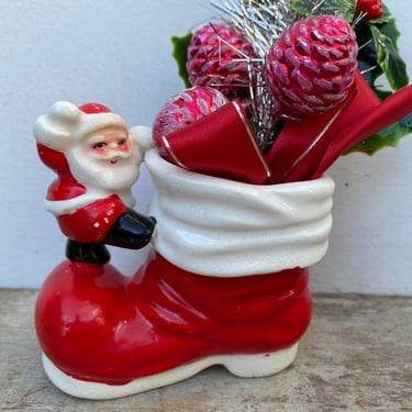 Vintage Napco Mini Santa On Boot Planter, Christmas Decor, Jolly Santa Claus Standing On Boot, Planter Only 