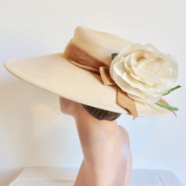 1950's Butter Cream Wide Brim Straw Hat Silk Rose and Amber Velvet Bow 50's Spring Summer Millinery Portrait Picture Hats Henry Margu 