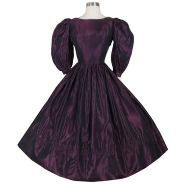 Vintage 80s 50s Laura Ashley Dark Purple Taffeta Half Puff Sleeves Tea Length Full Skirt Prom Party Dress XS Extra Small Petite Fit Flare 