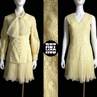 Beautiful Vintage 60s 70s Pastel Light Yellow Crochet Lace Mod Drop Waist Dress with Matching Jacket Top and Scarf 