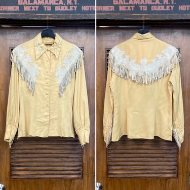 Vintage 1950’s Western Cowboy Cowgirl Rayon Gabardine Leather Fringe Rockabilly Pearl Snap Shirt Top, 50’s Vintage Clothing 