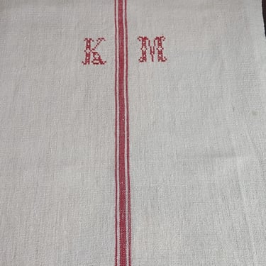 Beautiful vintage French hemp grain sac, table cloth with embroidery K M 