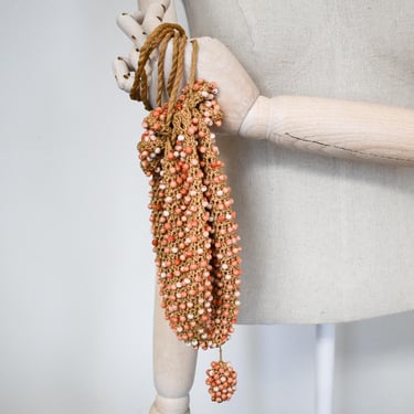 Vintage Coral Beaded Crochet Reticule Purse 