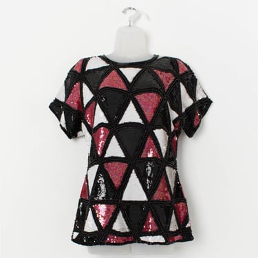 Vintage black sequin top with red and white triangle pattern - Small / Medium 