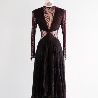 Vintage 1980's CLIMAX Burgundy Mesh Lace Dress by Karen Okada / M