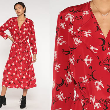 Red Wrap Dress 80s 90s Liz Claiborne Abstract Print Secretary High Waisted Checkered Leaf Midi Long Sleeve V Neck 1980s Vintage Medium 8 
