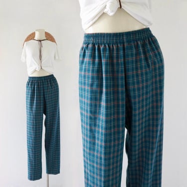 plaid lounge trousers 27-32 - vintage 90s y2k teal womens size small 6 8 comfortable high waist pants 