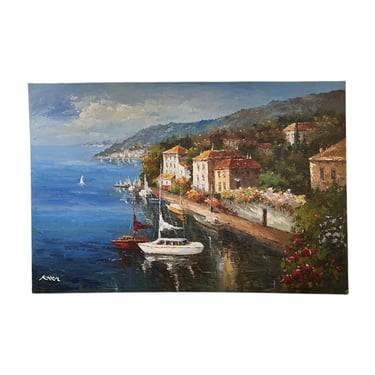 Mediterranean Coastal Landscape Oil Painting - 72x48 Extra Large Vintage Original Signed European Sailboat Impasto Canvas on Frame Wall Art 