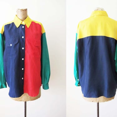 Vintage 90s Silk Color Block Shirt Small  - 1990s Liz Claiborne Primary Colors Patchwork Collared Long Sleeve Blouse 