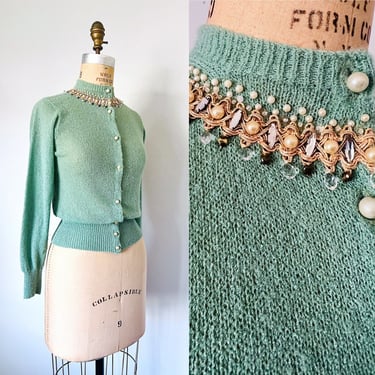 Allie 1950s rhinestone pearls cardigan sweater, 50s rockabilly green sweater, pinup knit sweater, preppy 1940s long sleeve 