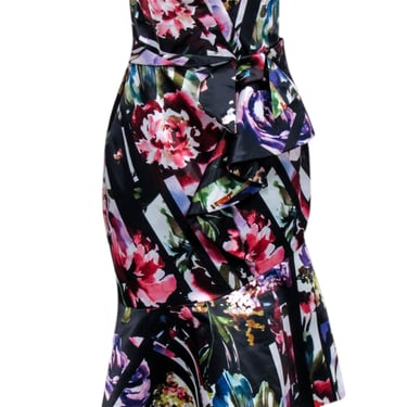 Parker - Black Floral Strapless Side Bow Fit & Flare Dress Sz 4