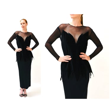 Isabelle Allard Paris Dress Gown Vintage 90s Black Illusion Sheer Dress Gown Medium Large // Black Designer Dress Long Sleeves Medium Large 