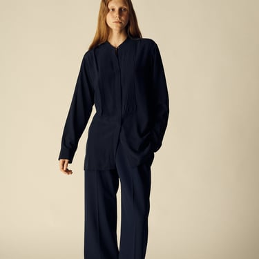 Dries Van Noten Pintuck Navy Blouse