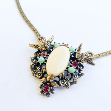 1940s Brass Pendant Necklace | 40s Flower & Birds Pendant 