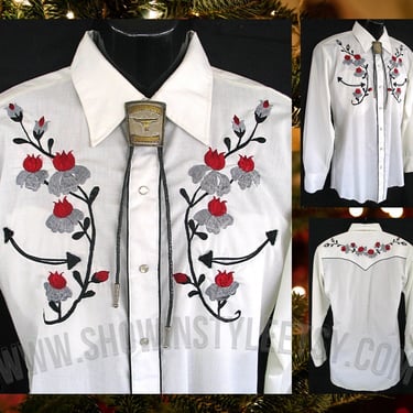 Chute #1 Vintage Western Men's Cowboy & Rodeo Shirt, White with Embroidered Red and Silver Flowers, Approx. Medium (see measurements) 