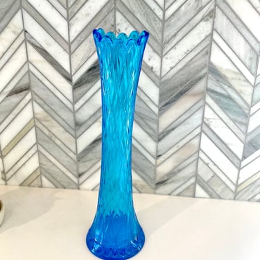 Vintage Jefferson Glass Diamond and Thumbprint #228 Stretch Blue Vase 