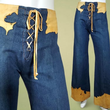 1970s Chemin De Fer bell bottoms vintage buckskin customized luxury brand one of a kind hippie Woodstock leather lace-up rock (modern 4) 