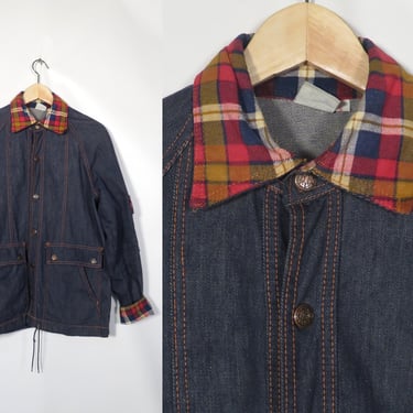 Vintage 70s Flannel Plaid Collar And Cuffs Dark Denim Chore Snap Jacket Size S/M 