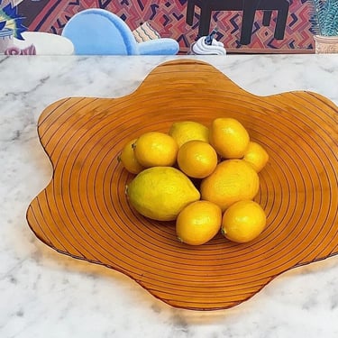 Vintage Glass Platter Retro 1990s Contemporary + Flower Shape + Orange + Ribbed Design + Fruit Bowl + Plate + Kitchen Decor and Serving 
