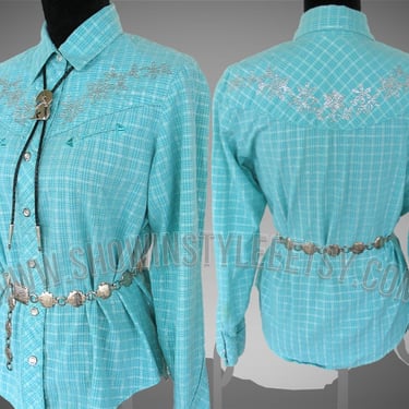 Roughrider Vintage Western Retro Women's Cowgirl Shirt, Rodeo Blouse, Teal Blue & Silver Checked, Tag Size Small (see meas. photo) 