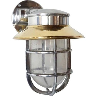 Vintage Style Industrial Two Tone Aluminum and Brass Shade Wall Mount Caged Sconce Ship's Light Fixture 