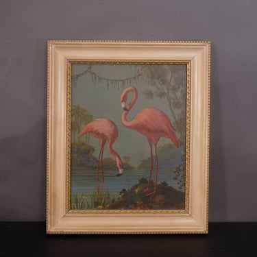 1940s Alfonso T. Toran Signed Oil Painting | Pink Flamingos | Mid-Century Wall Art Decor 