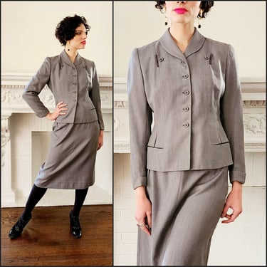 1940s Ladies Suit Gray Wool Blazer Skirt Ensemble 