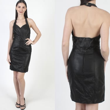 Wilsons Black Leather Dress, Open Back Evening Mini, Skinny Pencil Skirt, Tag Size M 