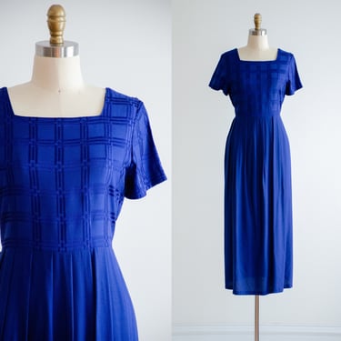 cute cottagecore dress 90s vintage royal blue embroidered tie back midi dress 