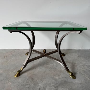 Vintage Neoclassical Maison Jansen Style Brushed Steel and Brass Side Table with Glass Top 