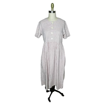 Vintage 80's Fads Pink and White Cottage Core Striped Linen Blend Dress with pockets, Size 10 