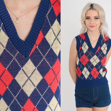 70s Argyle Sweater Vest Top Knit Vest Checkered Vest Vintage Sleeveless V Neck Nerd Sweater 1970s Acrylic Blue Red Yellow Extra Small xs 
