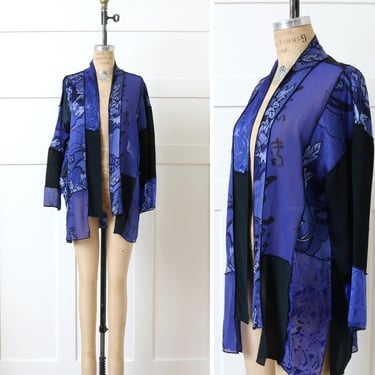 vintage 1990s burnout silk velvet jacket • electric blue & black silk patchwork duster 