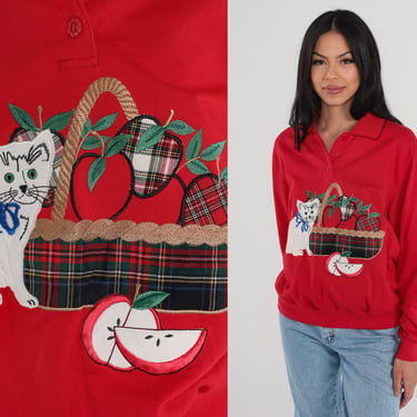 Collared Cat Sweatshirt 90s Red Kitten Sweater Plaid Apple Basket Patchwork Kitty Graphic Shirt Grandma Vintage 1990s Alfred Dunner Small S 