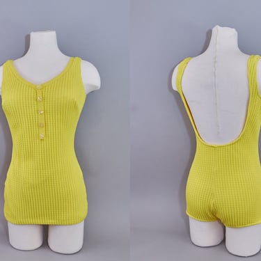 60s Cole of California One-Piece Bathing Suit | Yellow Ribbed Cotton Swimsuit  | Figure Flattering  | Modesty Panel| Size Medium 