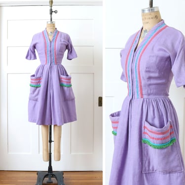 vintage 1950s unique one-piece playsuit • full skirt dress look with culotte shorts in lavender purple cotton 