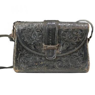 70's Black Tooled Leather Bag Mayan Calendar Floral Tooled Bag, Vintage Purse Tooled Roses 