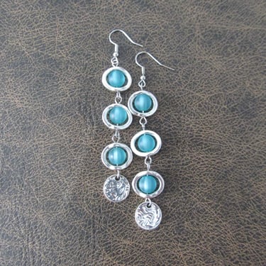 Long bohemian earrings, beach earrings, baby blue frosted glass earrings, geometric earrings 