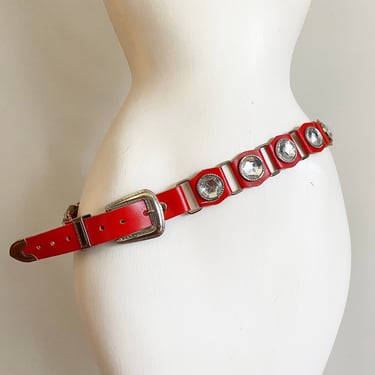 Vintage 80s Red Leather Chain Belt with Huge Rhinestones! • Western Cowboy Buckle & Hardware • Southwest Southwestern Grunge 90s Accessory M 
